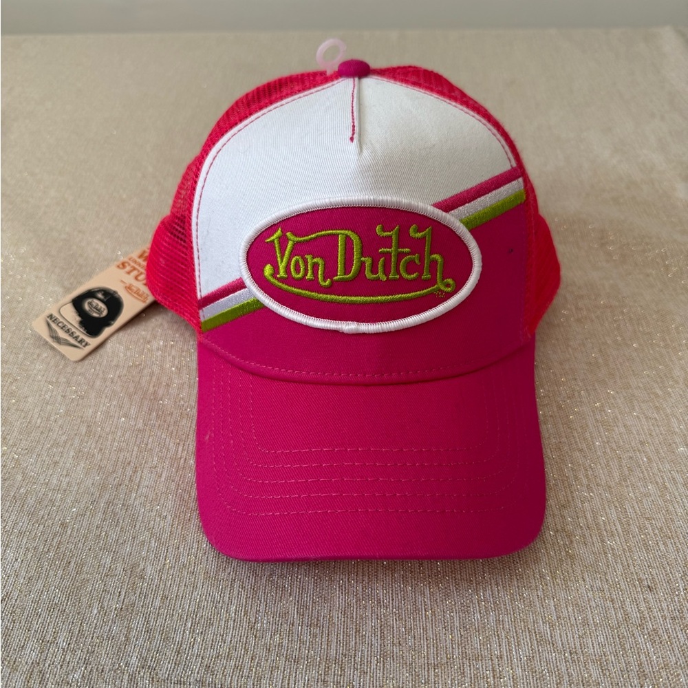 NWT Y2K Von Dutch Hot Pink and White Logo Trucker Mesh Hat Adjustable